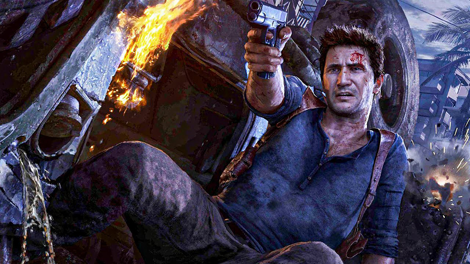 Obra de arte para Uncharted 4 con Nathan Drake sentado apuntando con un arma