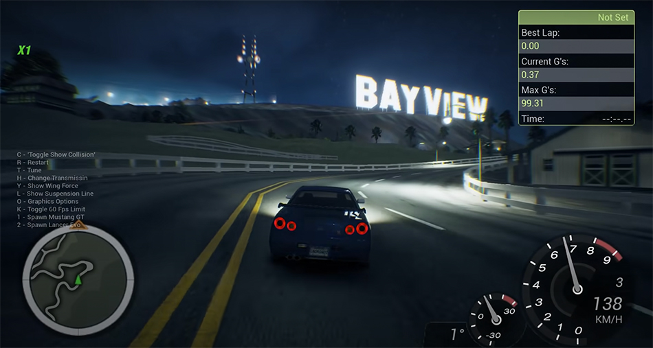 Una captura de pantalla de la nueva versión de Need for Speed ​​Underground 2 con un automóvil conduciendo y el letrero de Bayview en la distancia.