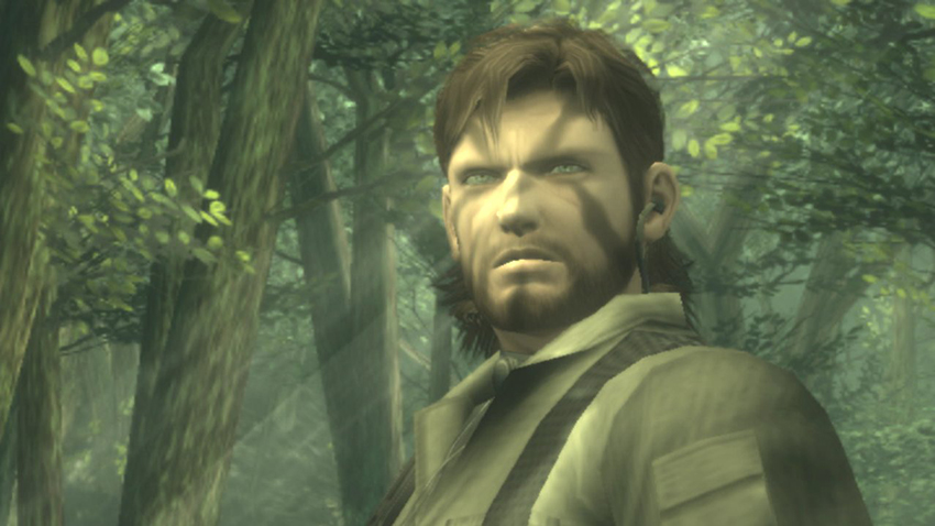 Captura de pantalla del juego de MGS 3 con Naked Snake parado en una jungla y con pintura facial. No puedes jugarlo en PS5 o PS4.