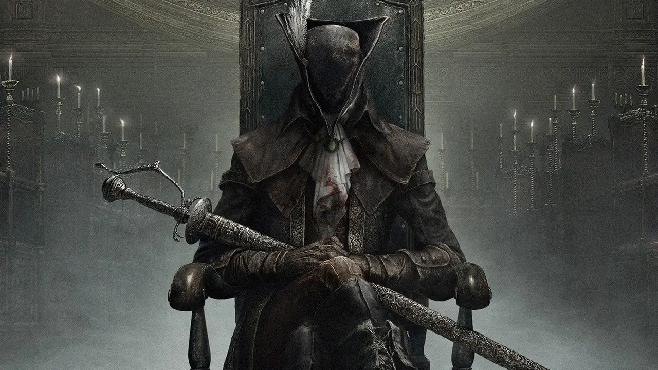 Un cazador se sienta en una silla mientras sostiene una espada envainada en Bloodborne