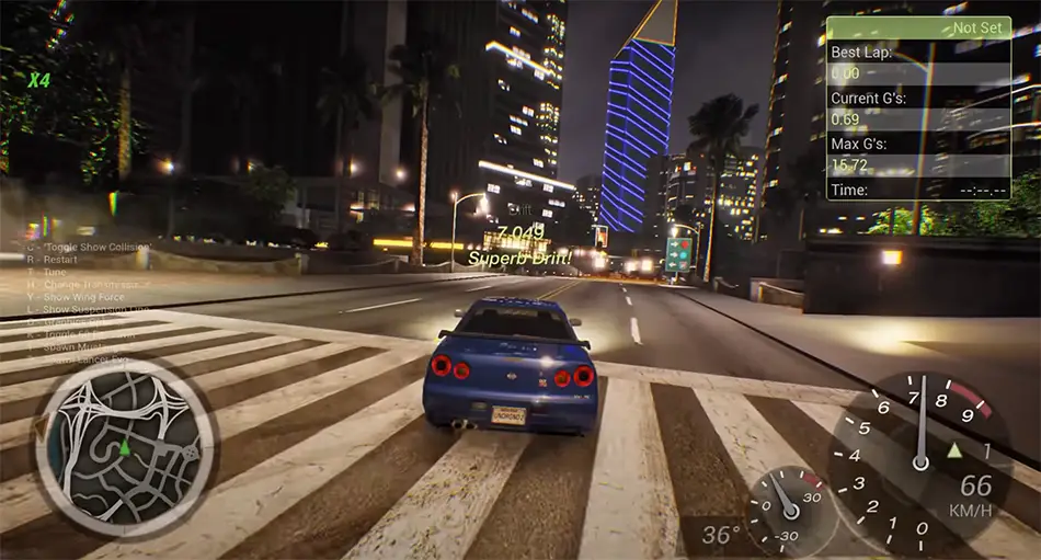 Captura de pantalla de la nueva versión de Need for Speed: Underground 2 en Unreal Engine 4 que muestra un automóvil conduciendo en una ciudad. 