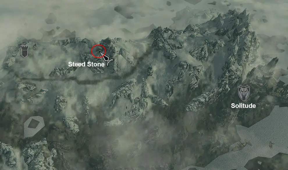 Mapa que muestra la ubicación de The Steed Stone en Skyrim, un método para aumentar el peso de carga