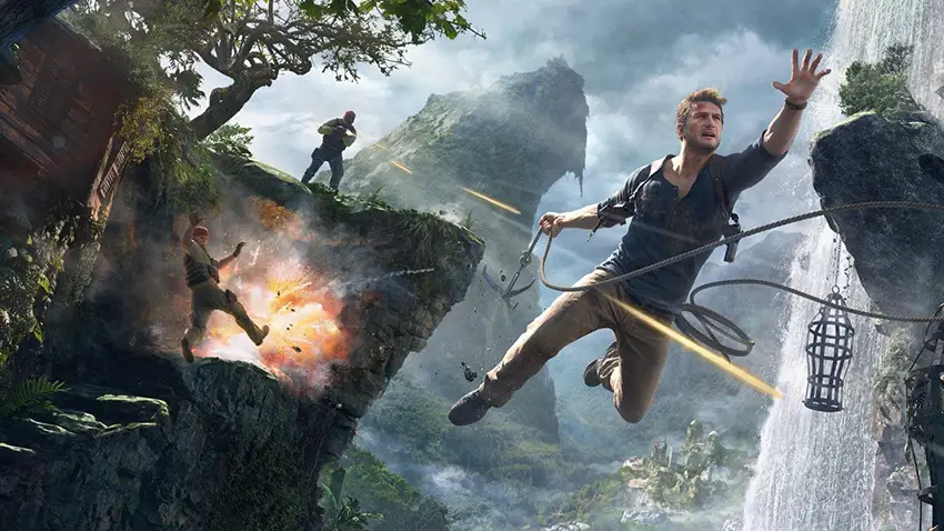 Obra de arte para Uncharted 4 que muestra a Drake columpiándose en una cuerda entre un desfiladero para escapar de los pistoleros